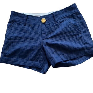 Lilly Pulitzer The Calahan Navy Textured Gold Button 100% Cotton Short Sz OO GUC